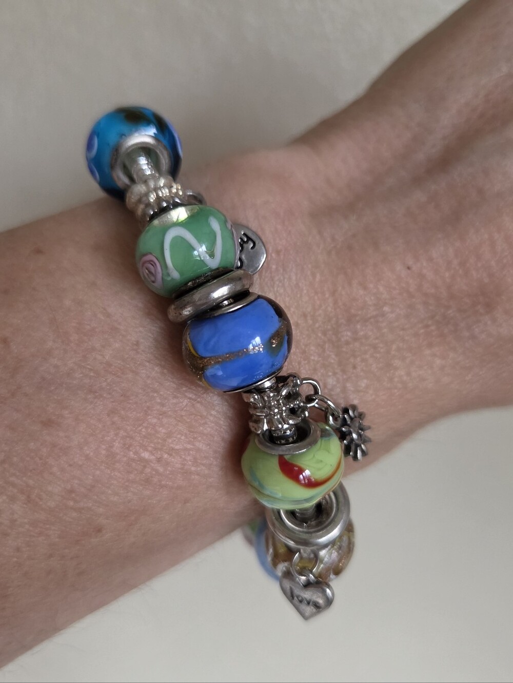 vintage style lampwork art glass bead snake chain charm bracelet joy love